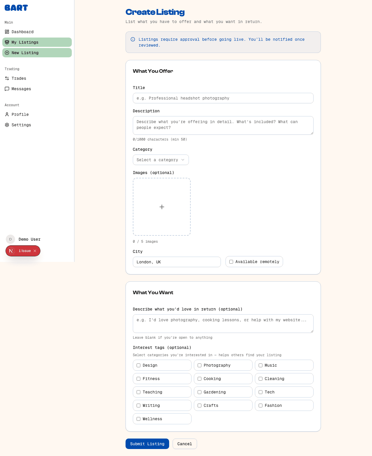 Create listing page with listing form fields and image uploader