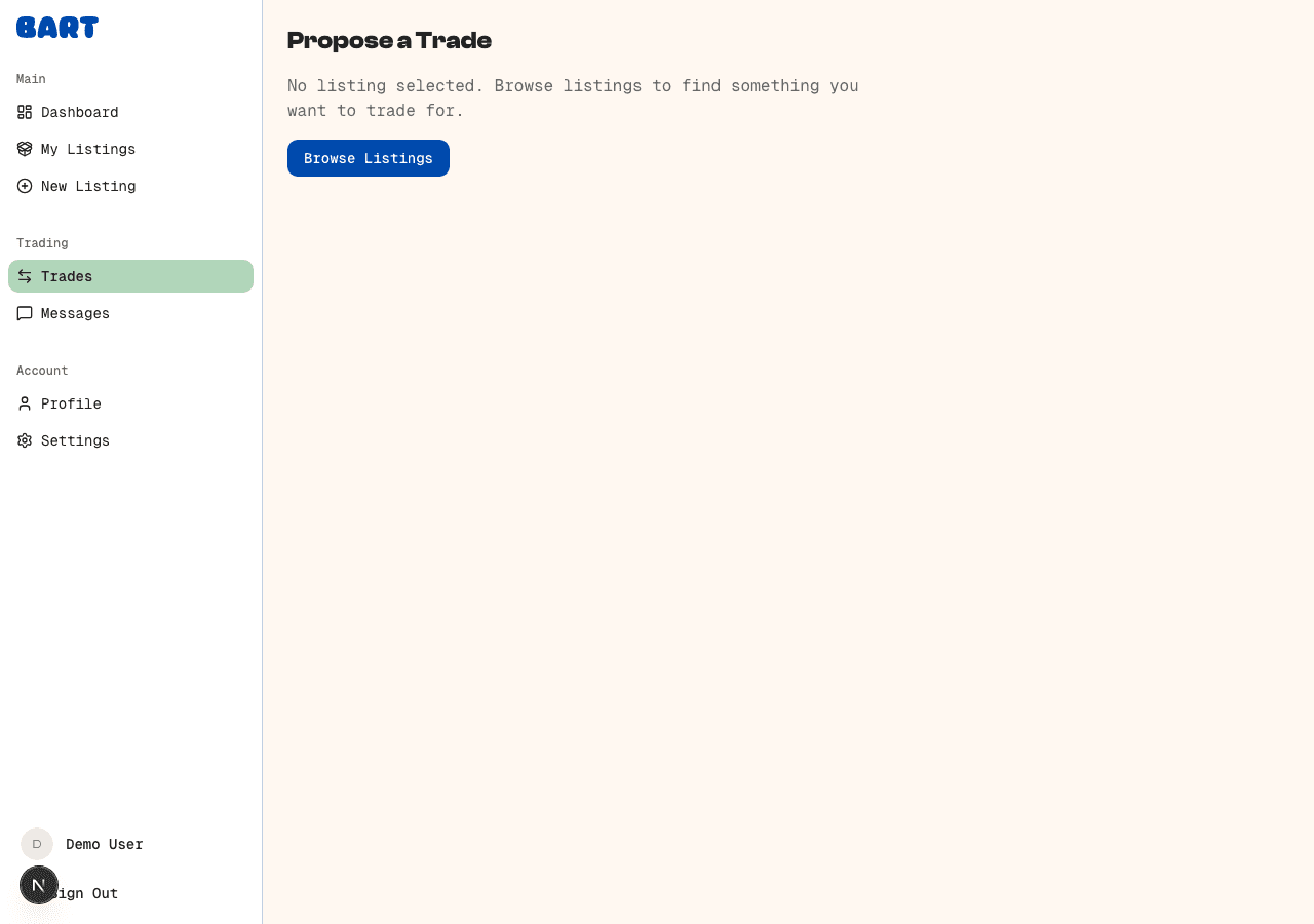 Propose trade form showing offered listing selection and message